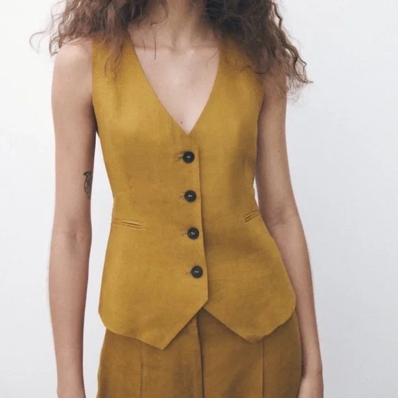 Women’s Zara Tailored Linen Vest Brown Large 2753 131 732 - Picture 1 of 7